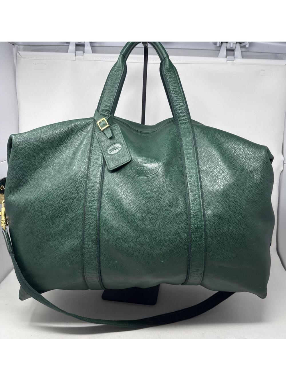 LONGCHAMP Green Leather Duffel  Weekender Travel Bag